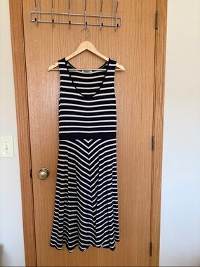 Boden Navy and White Striped Sleeveless Midi Dress size 12 long